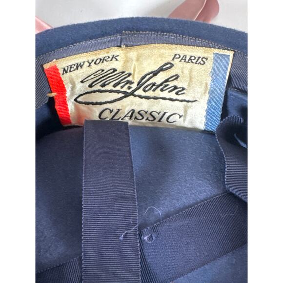 Vintage Mr John Navy Blue Pill Box Hat Pink Satin Bow Peachbloom Velour Fur Felt - Picture 4 of 6